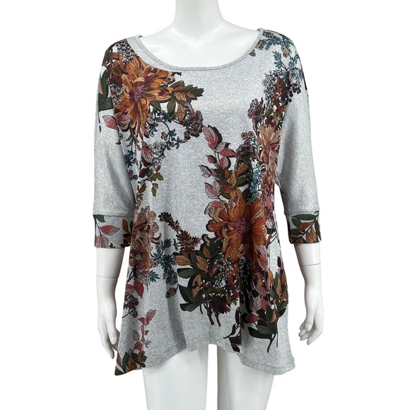 One World Top Womens 1X Gray Floral Boho 3/4 Sleeve Stretch Knit Pullover Fall - Picture 1 of 10